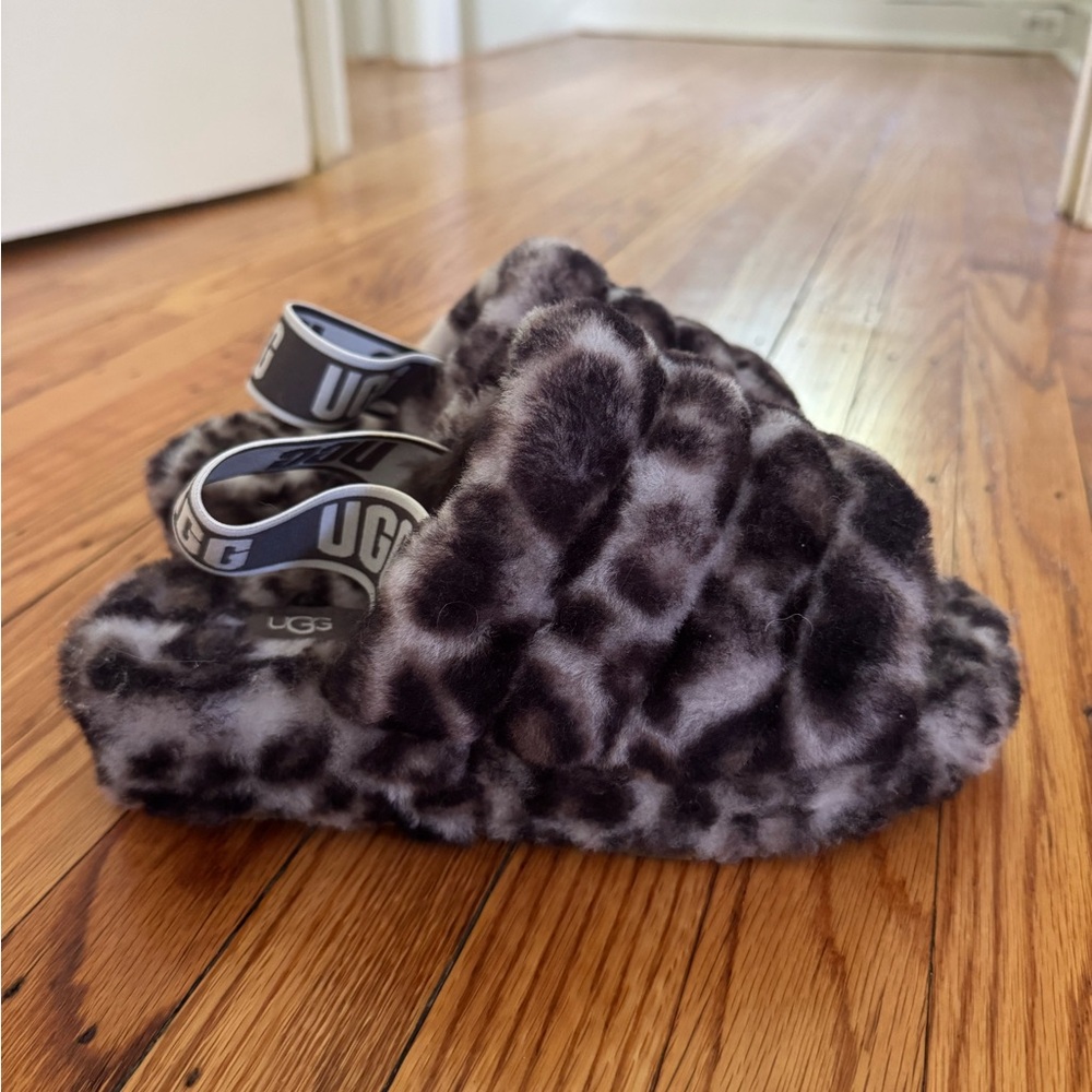 UGG Gray Animal Print Fluffy Slippers